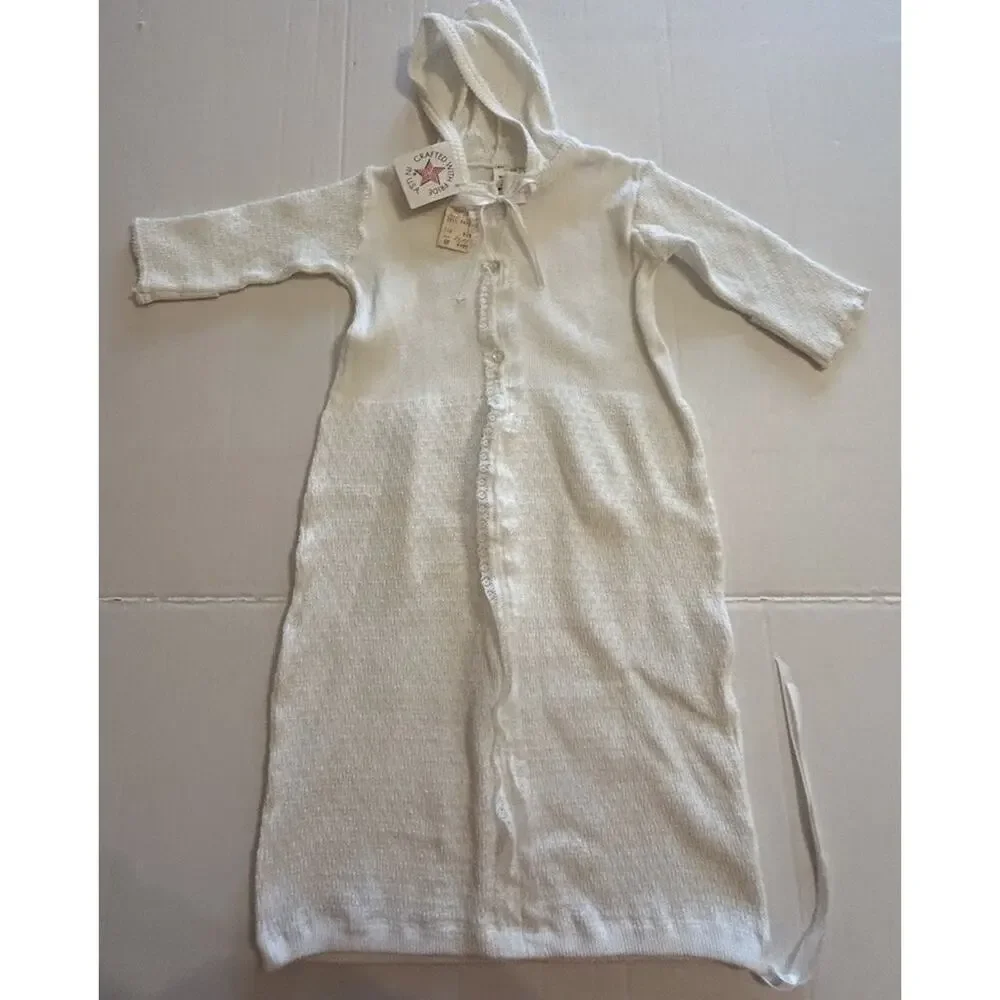 Vtg Paty Baby Gown White Size 6 Months Lace Knit Ribbon‎ Tie Hooded USA NOS